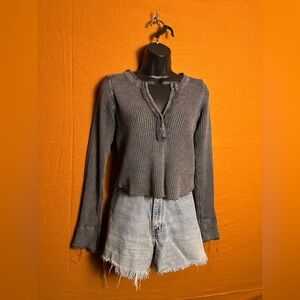 Free People Gray Waffle Knit Long Sleeve Thermal Top